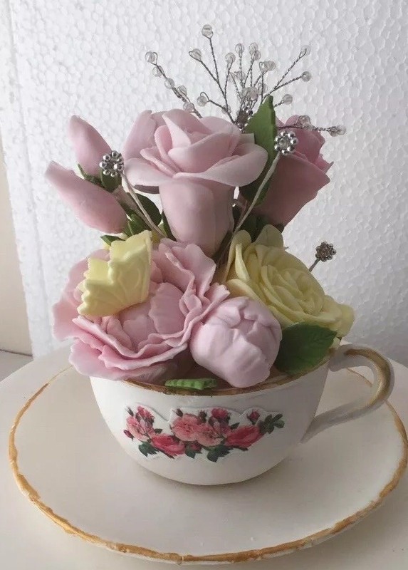 Edible CUP & SAUCER WITH FLOWERS Cake Decoration Cake Topper