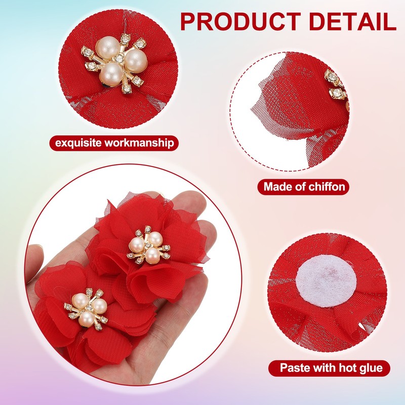 2.36 Inch Rhinestone Chiffon Flower, 15 Pcs Fabric Appliques, Red gallery