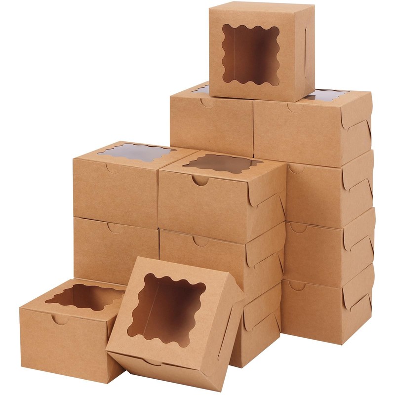 50 PCS 4x4x2.5 Inch Brown Bakery Cookie Box Window Pastry Dessert Treats