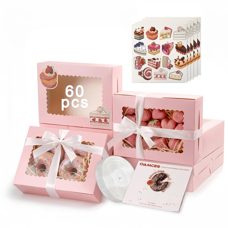 60 Pack Cookie Boxes With Window 8x6x2.5 Inch Bakery Treat Christmas Pink