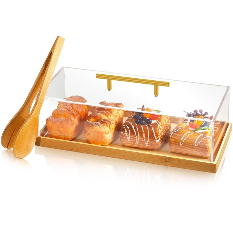 Rectangular Cake Tray with Lid 14″ x 6″ x 4″, Clear Acrylic Cover & Wooden Ch…