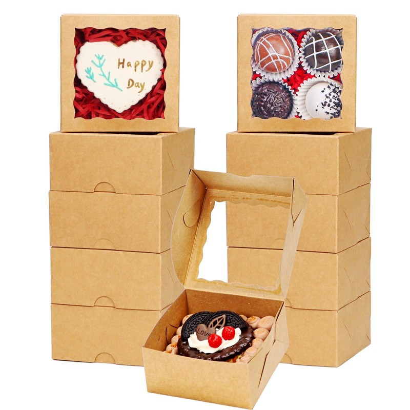 Cookie Boxes, 50 Pack, 4x4x2, Brown Paper, Window, Bakery, Treat, Mini Cake
