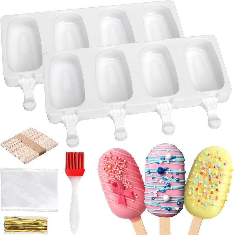 2 Pack Silicone Cake Pop Molds with 100 Sticks & Parcel Bags, 8 Cavity Reusab…
