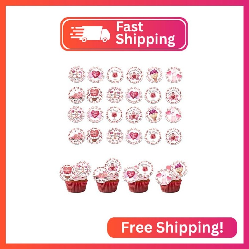 Fyeoxle 48PCS Edible Happy Valentine's Day Cupcake Toppers Wafer Paper I Love Yo