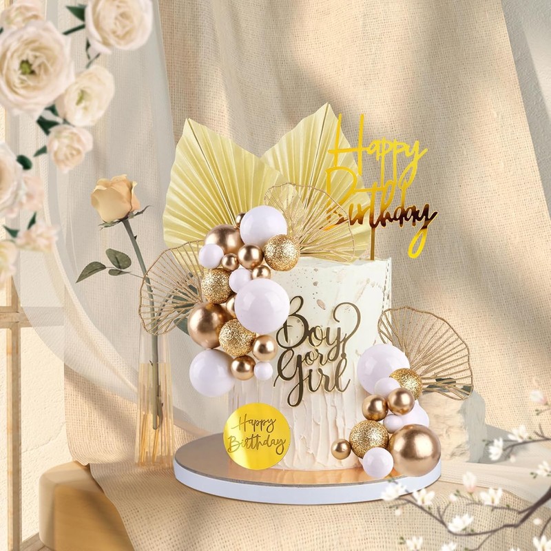 White Gold Balls Cake Toppers Champagne Rose Cake Decoration with Gold Palm gallery