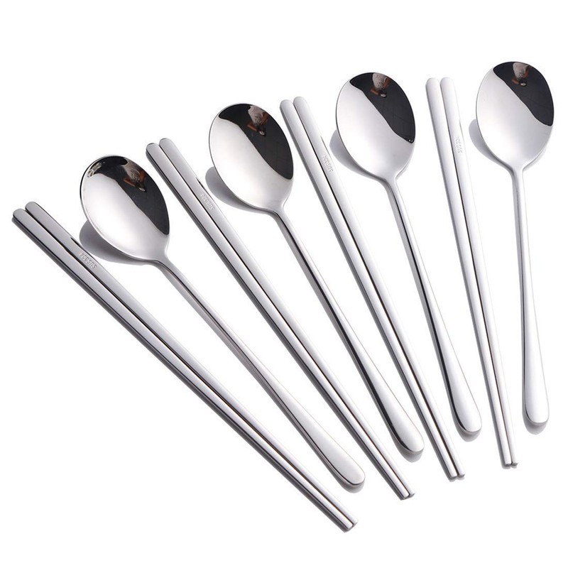 4 Set Silver Korean Chopsticks Spoon Reusable Metal Stainless Steel Chopstix