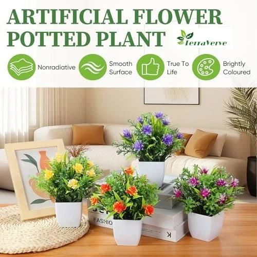 TerraVervre Fake Plants 4 Packs,Small Artificial Plants with Flowers, for Green gallery