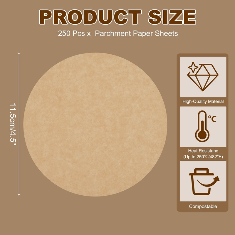 250Pcs Parchment Paper Baking Sheets Rounds 4.5" Non Stick Paper Wood Color gallery
