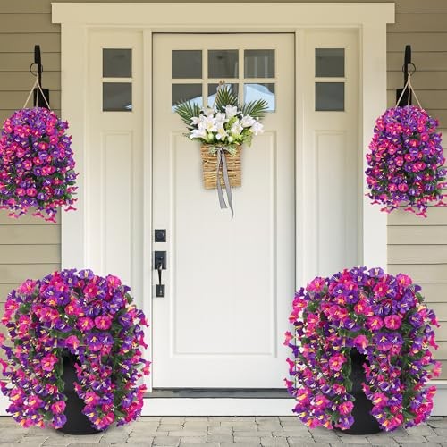 Artificial Fake Hanging Flowers Plants for Outdoor 4Pcs Purple & Magenta gallery