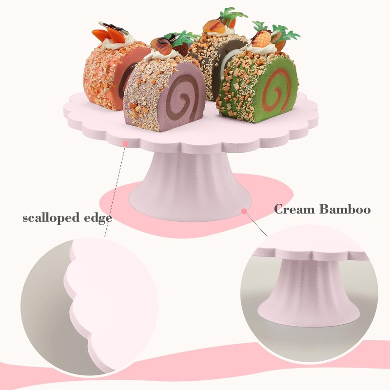 Pink Wooden Cake Stand Scalloped Reusable Round Cake Stand Dessert Holder for... gallery