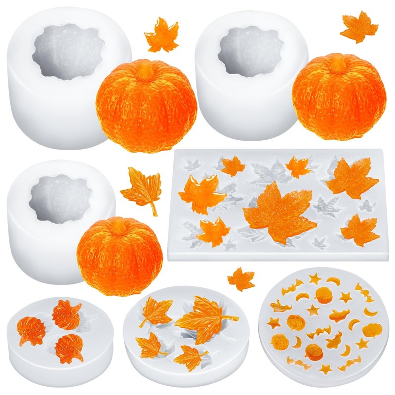 7 Pcs Pumpkin Candle Molds, Halloween Silicone Mold for DIY Craft Orange