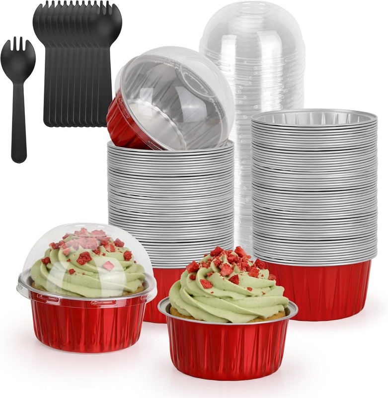 100-Pack 5 oz Pink Mini Cake Pans W/ Lids Disposable Aluminum Foil Baking Cups gallery