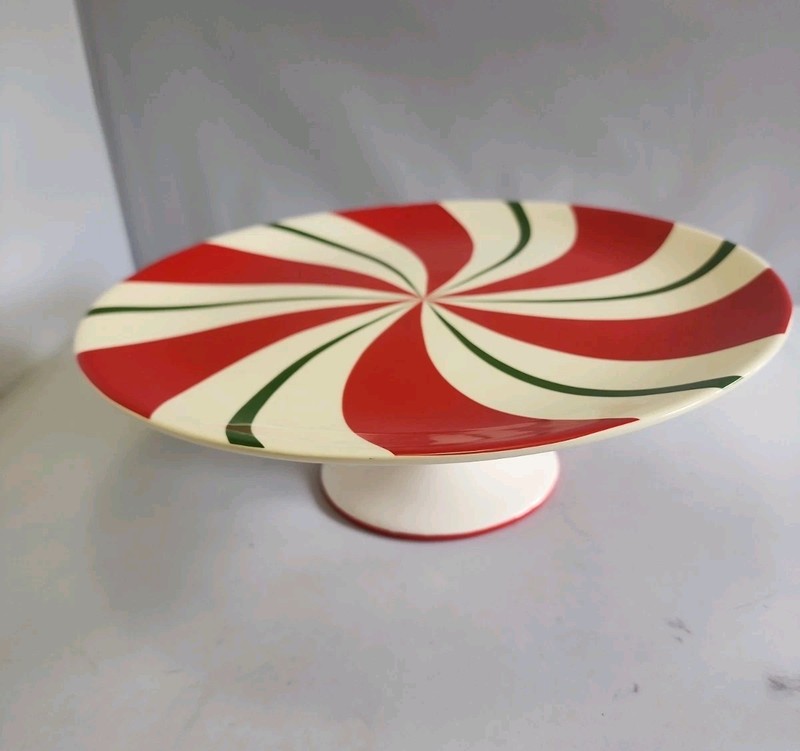 Pier 1 Imports Candy Cane Cake Stand Ceramic Christmas Serving Pie Plate 12"