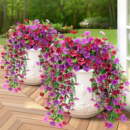 BlessedSeason 4 Pcs Artificial Hanging Flowers - UV Resistant - 4 PCS Red Purple gallery