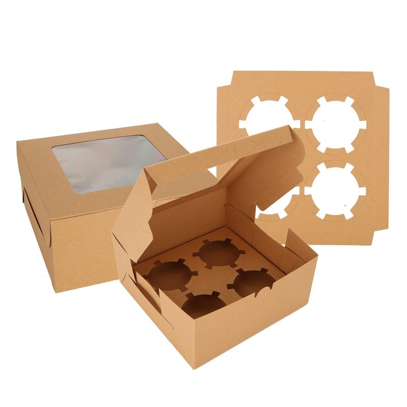 100Pcs Cupcake Boxes 4 Count Cupcake Containers 6x6x3 Inch Brown Cupcake Bulk…