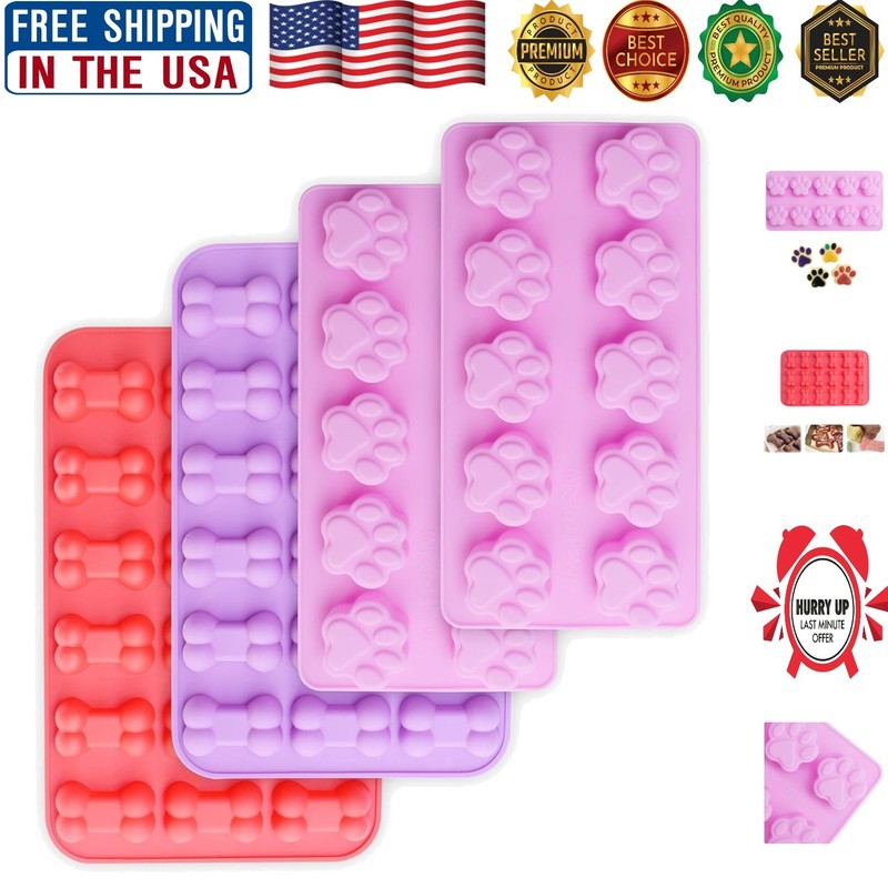 Colorful Puppy Paw & Bone Silicone Molds – Safe for Treats, 4 Molds Included