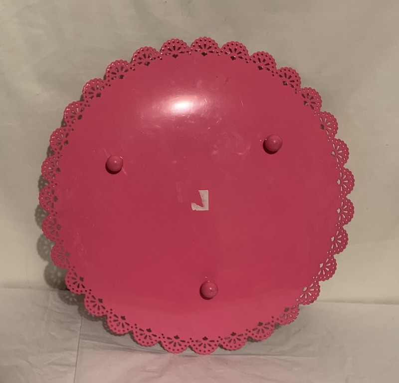Pink Metal Cake Stand 12" With A 1" Doiley Decoration Around the Edge gallery