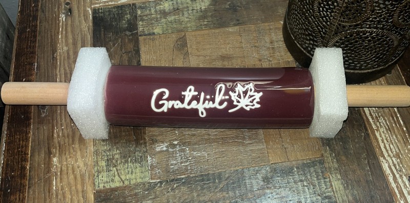 Primitive Ceramic Rolling Pin Burgundy Color Grateful with a Leaf 16 inch NEW