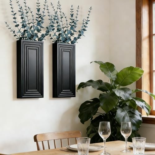 Wooden Hanging Vases Planter with Fake Eucalyptus, 2 Pack Wall Vase for Black gallery