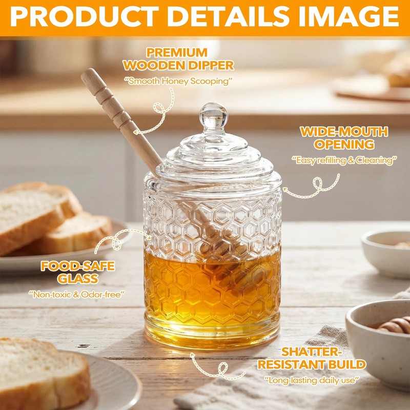 2 Pack 9oz Clear Glass Honey Jars with Lids and 6 Wooden Dippers Honeycomb Sh... gallery