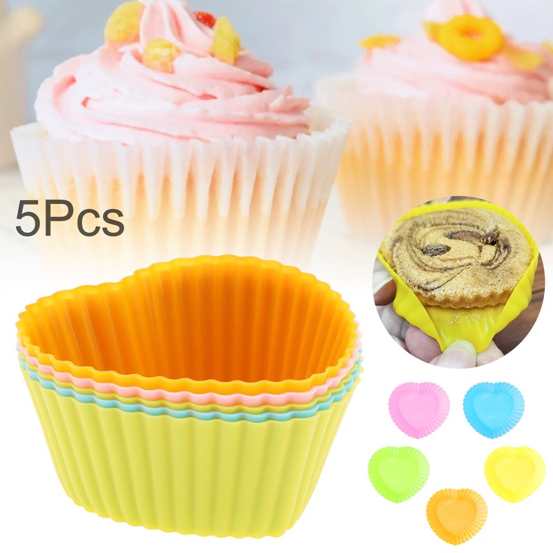 5x Heart Shaped Baking Cup Moulds for Cupcake / Muffin / Bread / Cake / Cookie