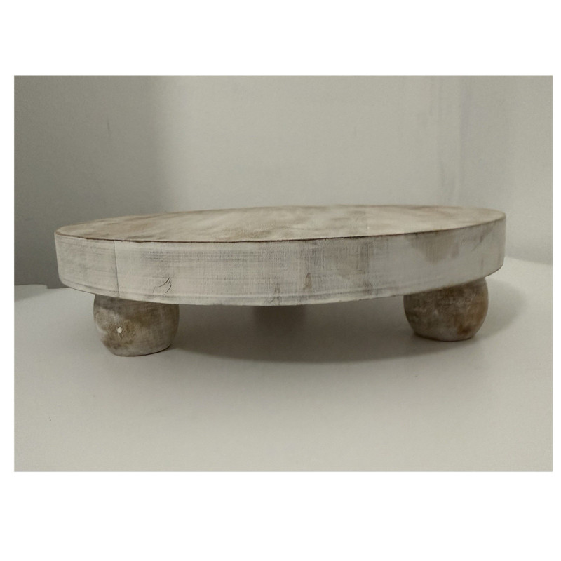 Handcrafted Wooden Round Cake Stand Matte Beige White Farmhouse Style