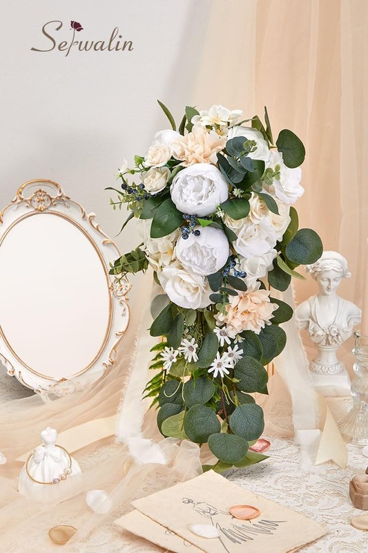 Serwalin 9.8 in White Peony Rose Hydrangea Wedding Bouquet for Bride gallery