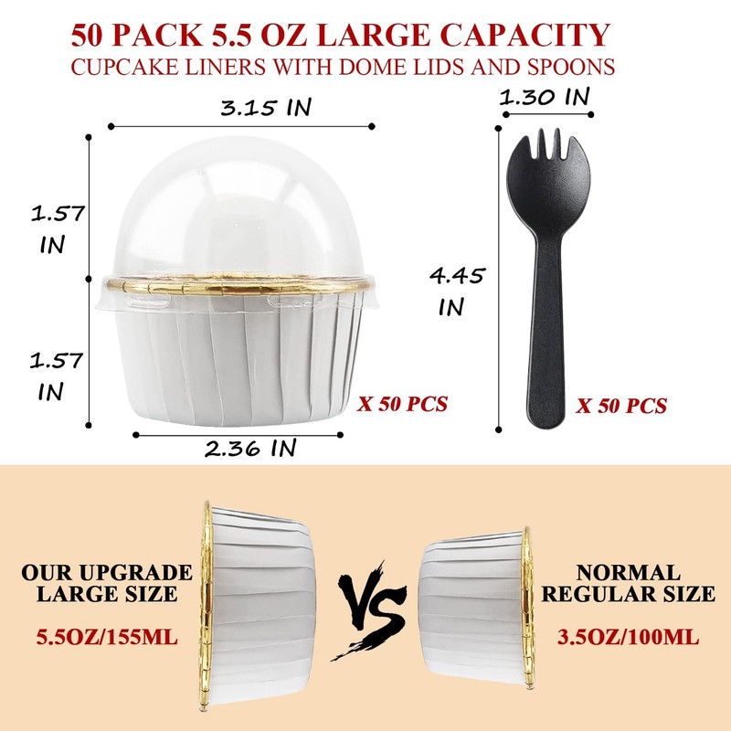 Jumbo Cupcake Cups with Lids 50-Pack 5.5 oz Foil White-Gold for Baking gallery