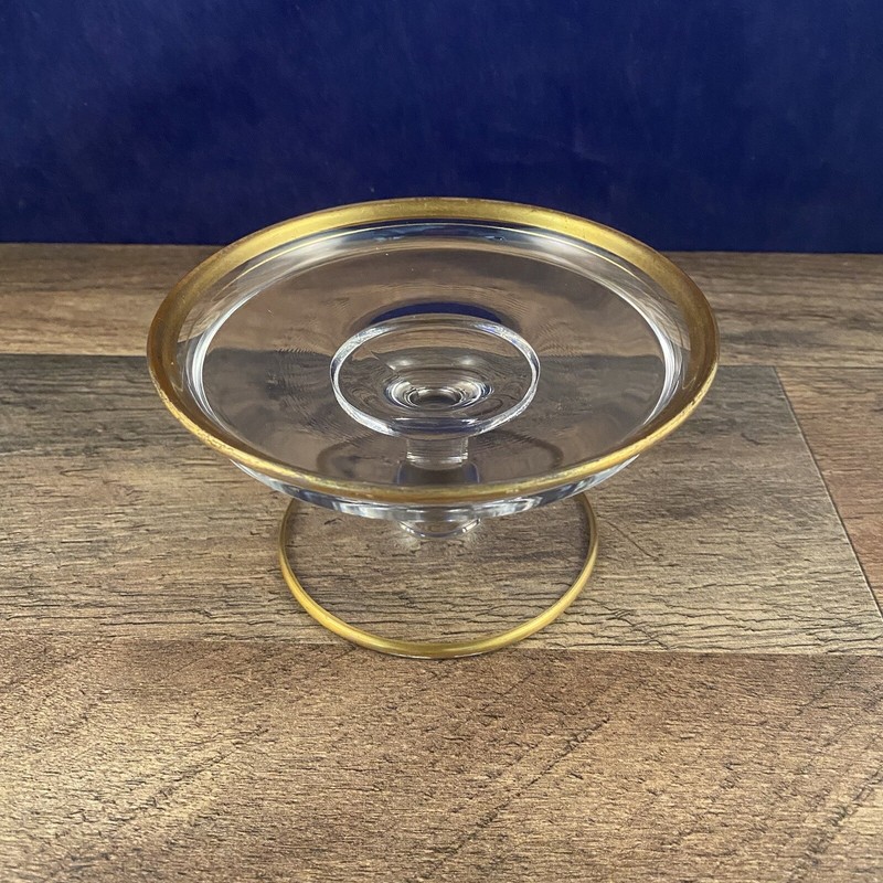 Small Clear Glass Cake Dessert Stand Pedestal Rum Well Gold Rim 5″Dia x 2.75″H