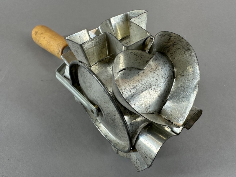 Cookie Cutter Heart Cross Jewish Star Roller Wheel Tin Baking Primitive Antique gallery