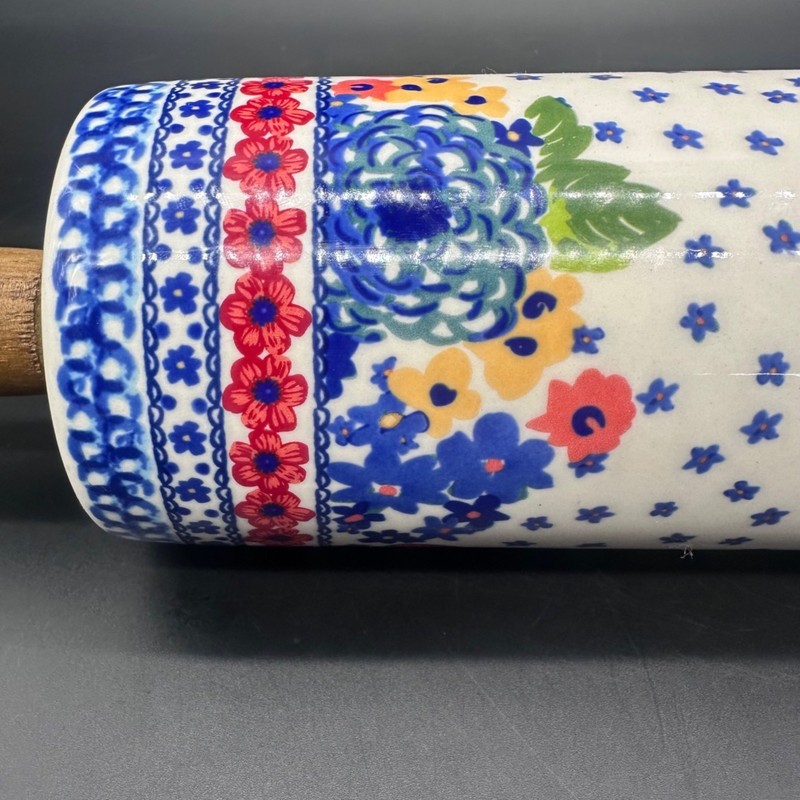 Pioneer Woman Ceramic Rolling Pin Dazzling Dahlias Retired Acacia Wood Handles gallery