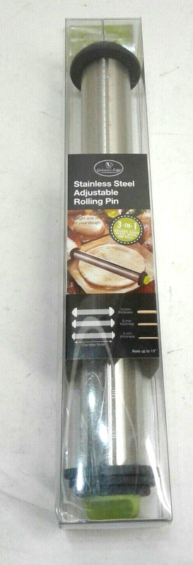 Culinary Edge 33004 Stainless Steel 3 In 1 Adjustable Rolling Pin Roll Up To 13″