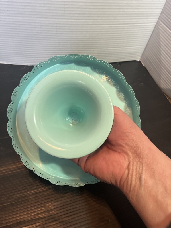 Aqua Blue Metal Cake Stand Pedestal Dessert Display Scalloped Edge VG gallery