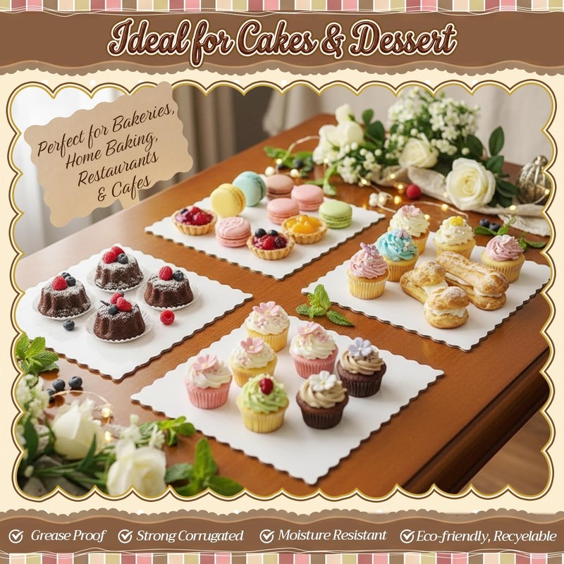 30 PCS 8 Inch Square Cake Boards White Wave Scalloped Cardboard Base Pizza gallery