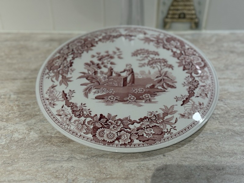 Transferware Plate Spode Archive Collection Girl at Well Raised Pink Cake Plate gallery