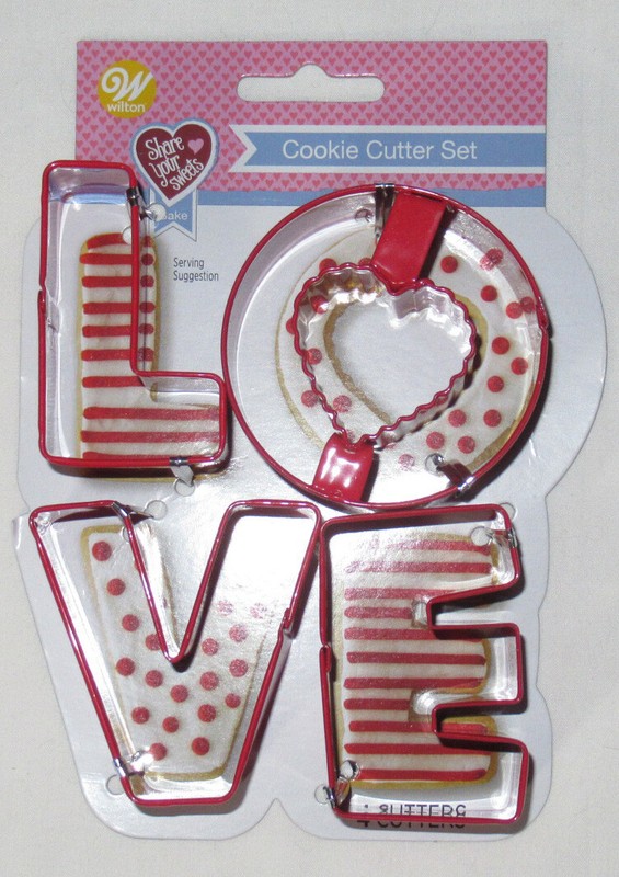 Wilton Cookie Cutter Cutters Red Metal 4 piece LOVE letters with Recipe