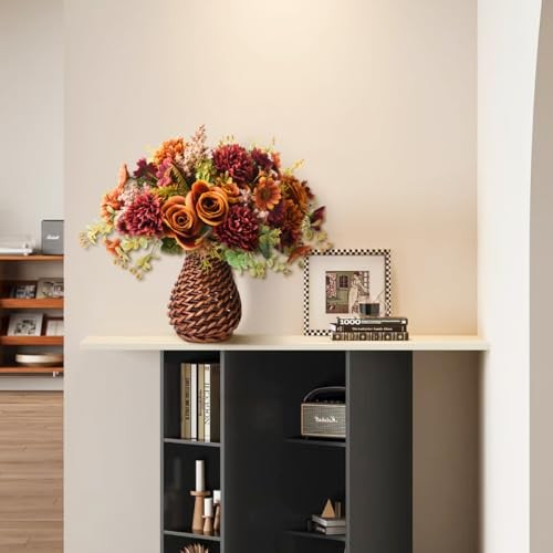 Artificial Faux Flowers in Vase, Fake Silk Floral Arrangements Rose Brown gallery