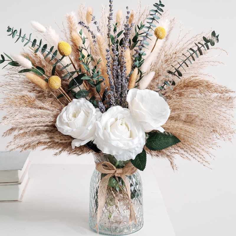Faux Flower Arrangement with Vase, Center Pieces Decoration for White，brown