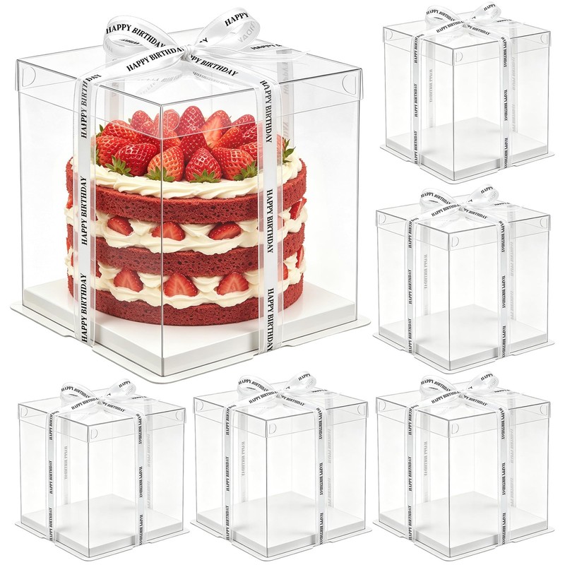 6 Pack Clear Cake with Ribbon – 10 x 10 x 9.75 Inch Tall PET Cake Carrier Box…