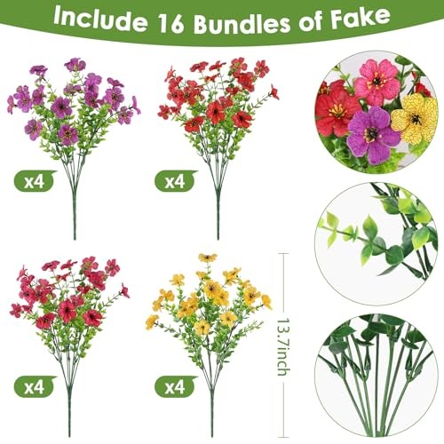16 Bundles Artificial Flowers for Outdoors, Realistic Fake 16PCS Mix 4 Colors gallery