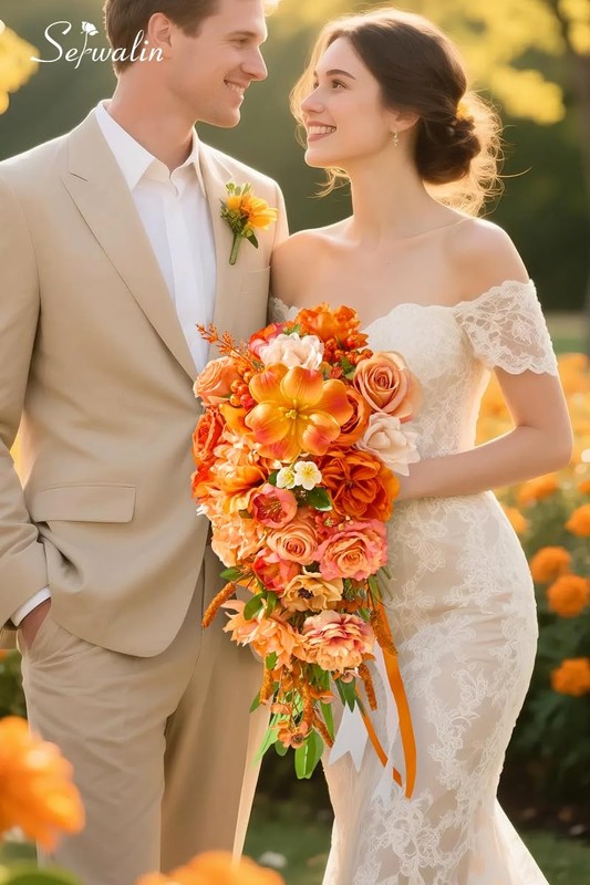Serwalin 11 Inch Wedding Bouquets For Bride Bridesmaidfall Cascading Orange gallery