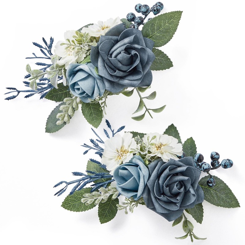 Serwalin 2 Pcs Boutonniere 6-7 Inch Dusty Blue Corsage For Wedding Boutonniere
