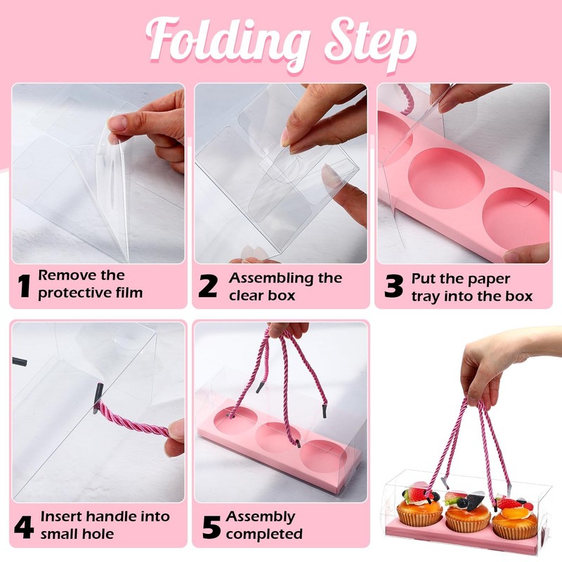 Clear Cupcake Boxes 3 Compartments Pastry Packaging Pink 9x3x3 Inch 40 PCS gallery