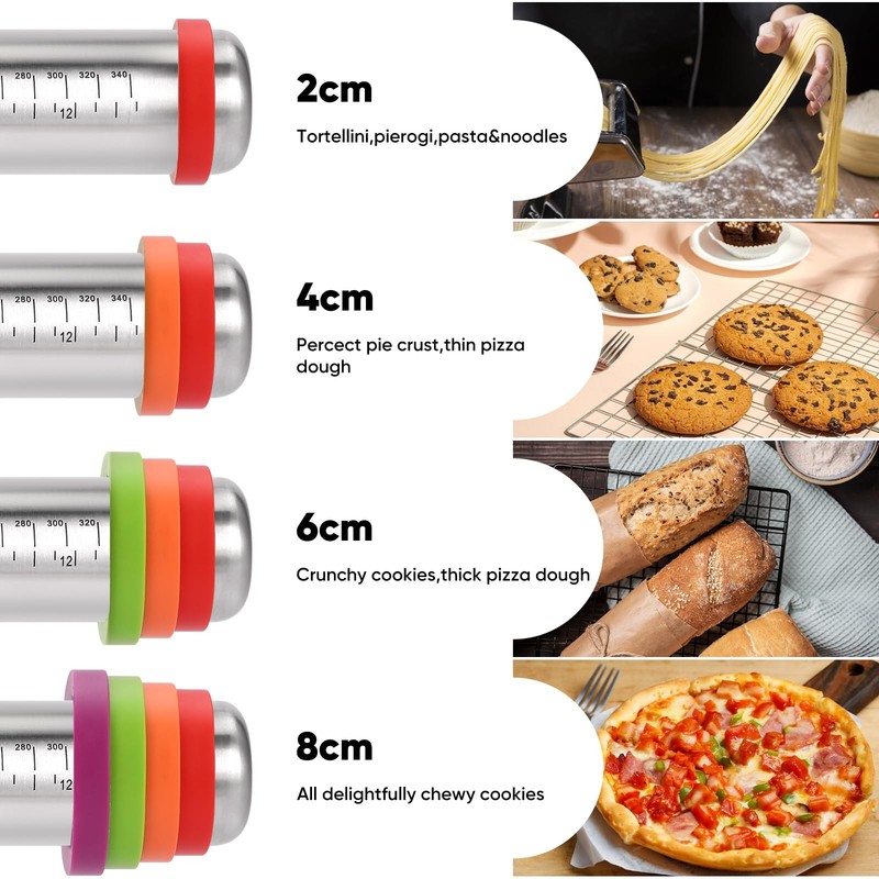 Stainless Steel Rolling Pin with Adjustable Thickness Rings - 4 Interchangeab... gallery