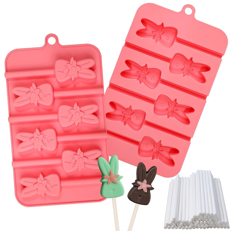2 Pack Bunny Silicone Lollipop Molds 6 Holes With Sticks Easter Candy