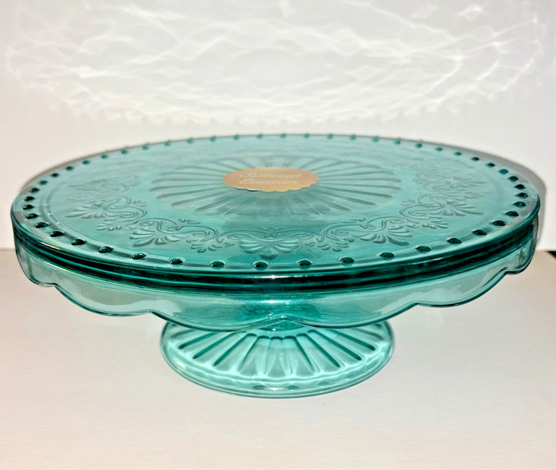 Pioneer Woman Cassie Cake Stand Embossed Glass Plate 10 3/8 in Teal