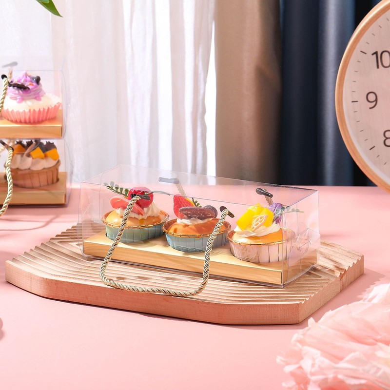 40 PCS Gold Clear Cupcake Boxes 3Count Containers With Handle 9x3x3 Inch gallery