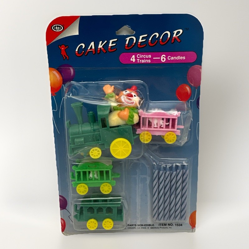 Vintage 10 Piece Cake Top Plastic Circus Train Birthday Cake Set, Candle Holders