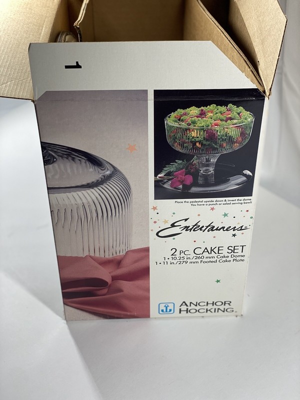 Anchor Hocking Entertainers Glass Domed Footed Cake Set Stand - USA made - NIB gallery