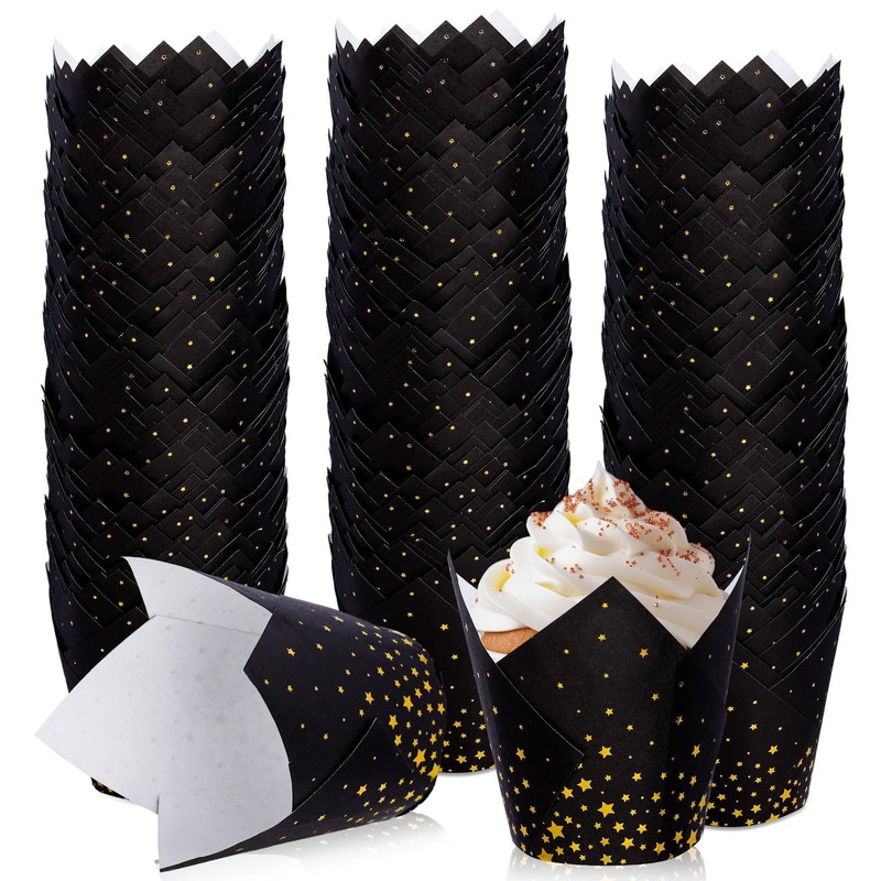 Cupcake Liners 200 PCS Black Gold Star Tulip Muffin Baking Cups Foil Wrapper